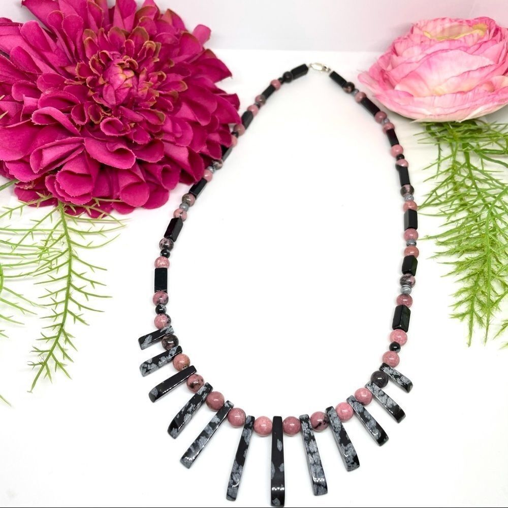⚜️RHODONITE SNOWFLAKE OBSIDIAN & ONYX Art Deco Stone Necklace - Picture 4 of 16